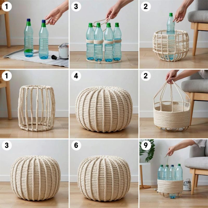 Создаем уникальный пуфик из пластиковых бутылок и веревки