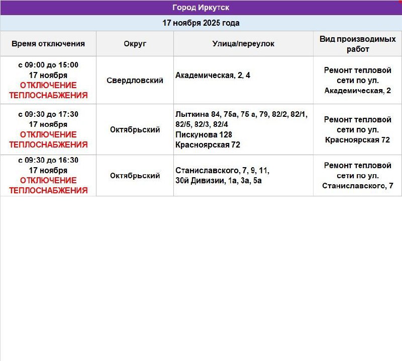 17 ноября в некоторых домах Иркутска ограничат теплоснабжение 17 ноября в некоторых домах Иркутска ограничат теплоснабжение