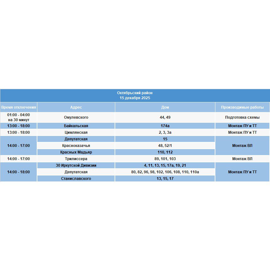 15 декабря в некоторых домах Иркутска будет ограничено электроснабжение для проведения неотложных работ на электрических сетях 15 декабря в некоторых домах Иркутска будет ограничено электроснабжение для проведения неотложных работ на электрических сетях