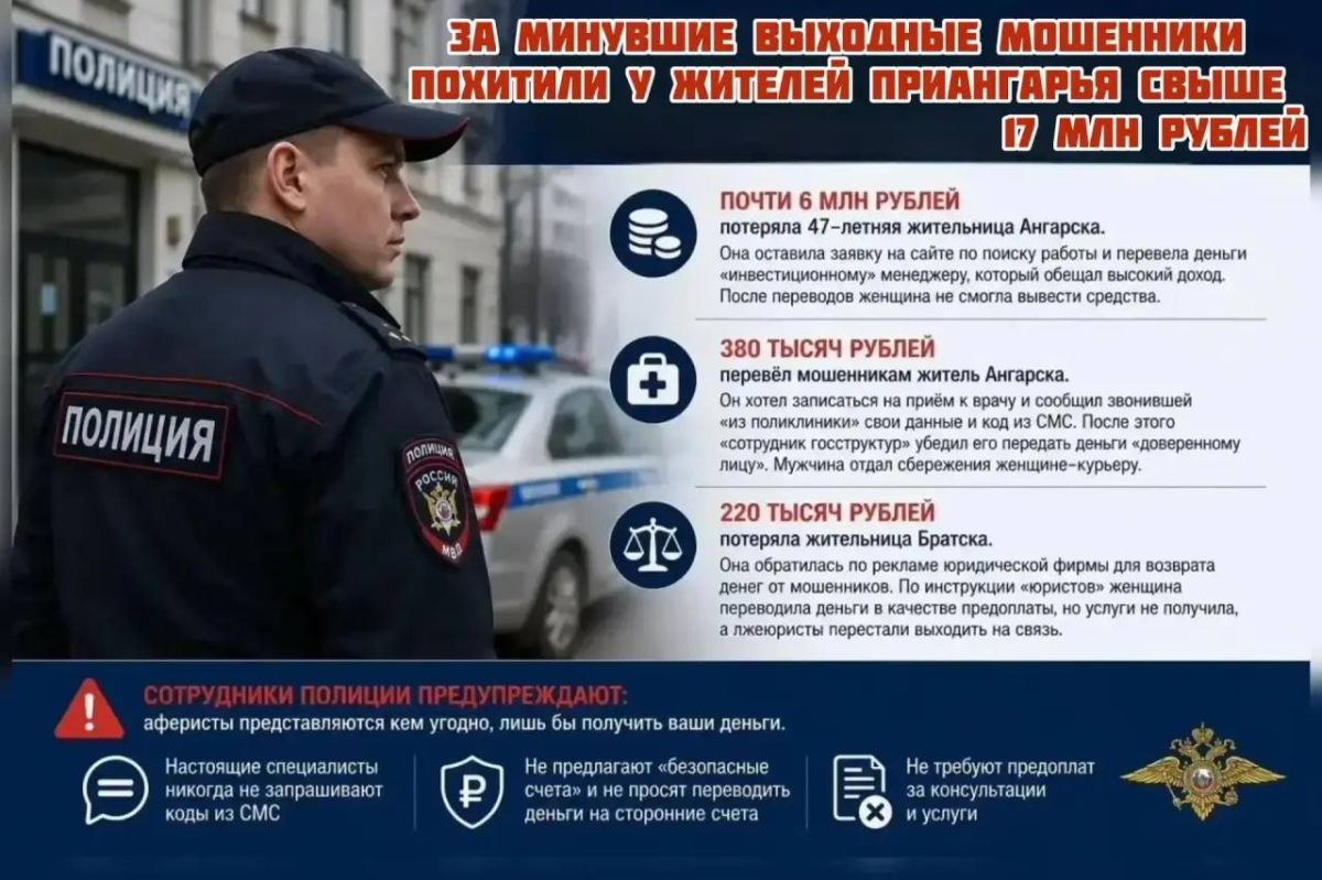 За минувшие выходные мошенники похитили у жителей Приангарья свыше 17 миллионов рублей