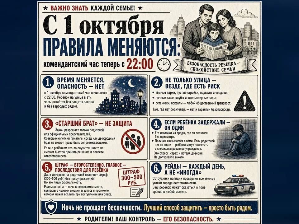 Родители, обратите внимание! С 1 октября в Ангарске меняется время комендантского часа — теперь он начинается в 22.00