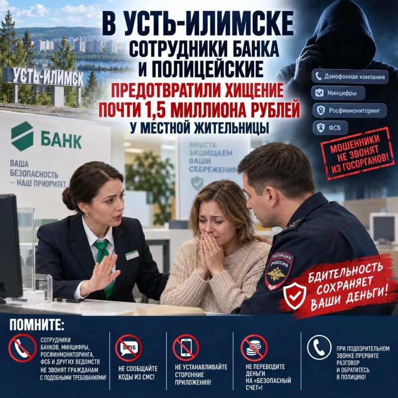В Усть-Илимске сотрудники банка и полицейские предотвратили хищение почти 1,5 миллиона рублей у местной жительницы