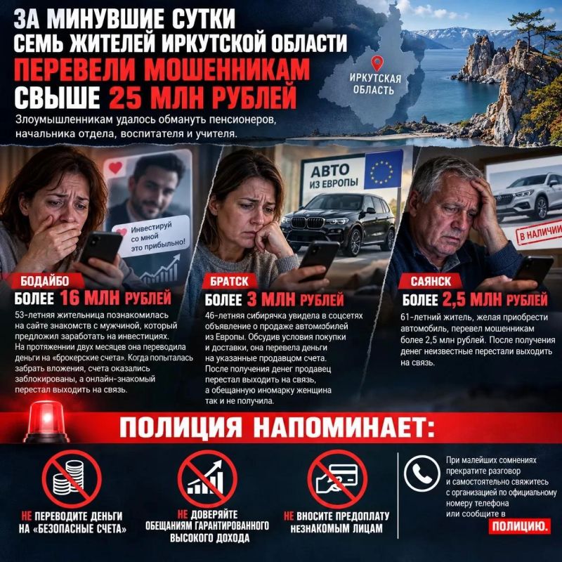 За минувшие сутки семь жителей Иркутской области перевели мошенникам свыше 25 млн рублей