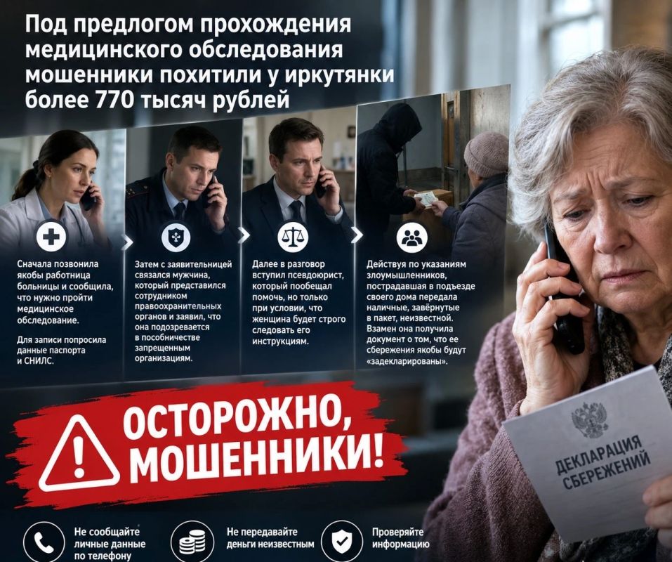 Под предлогом прохождения медицинского обследования мошенники похитили у иркутянки более 770 тысяч рублей